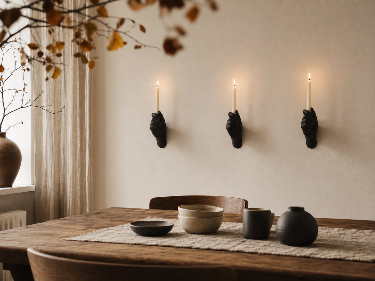 Black sculptural hands holding candles beside a simple dining-room doorway