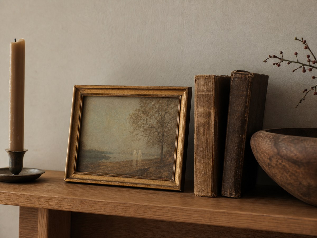 Small gold-framed ghost landscape leaning on a shelf beside old books