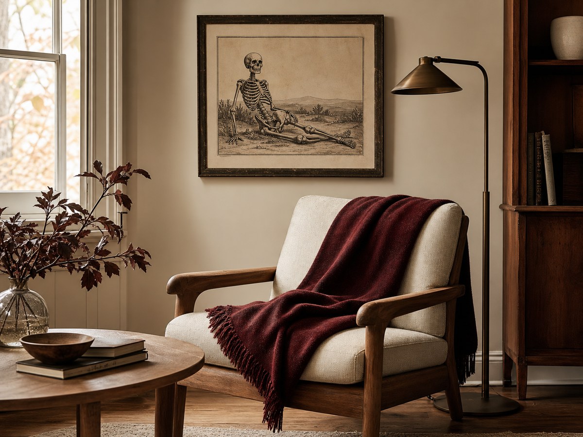 Retro Homebody skeleton print above a reading chair