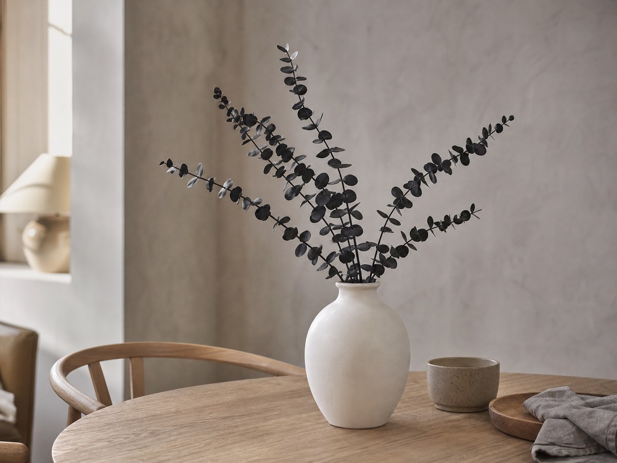 Sparse black eucalyptus branches in a chalk-white ceramic vase