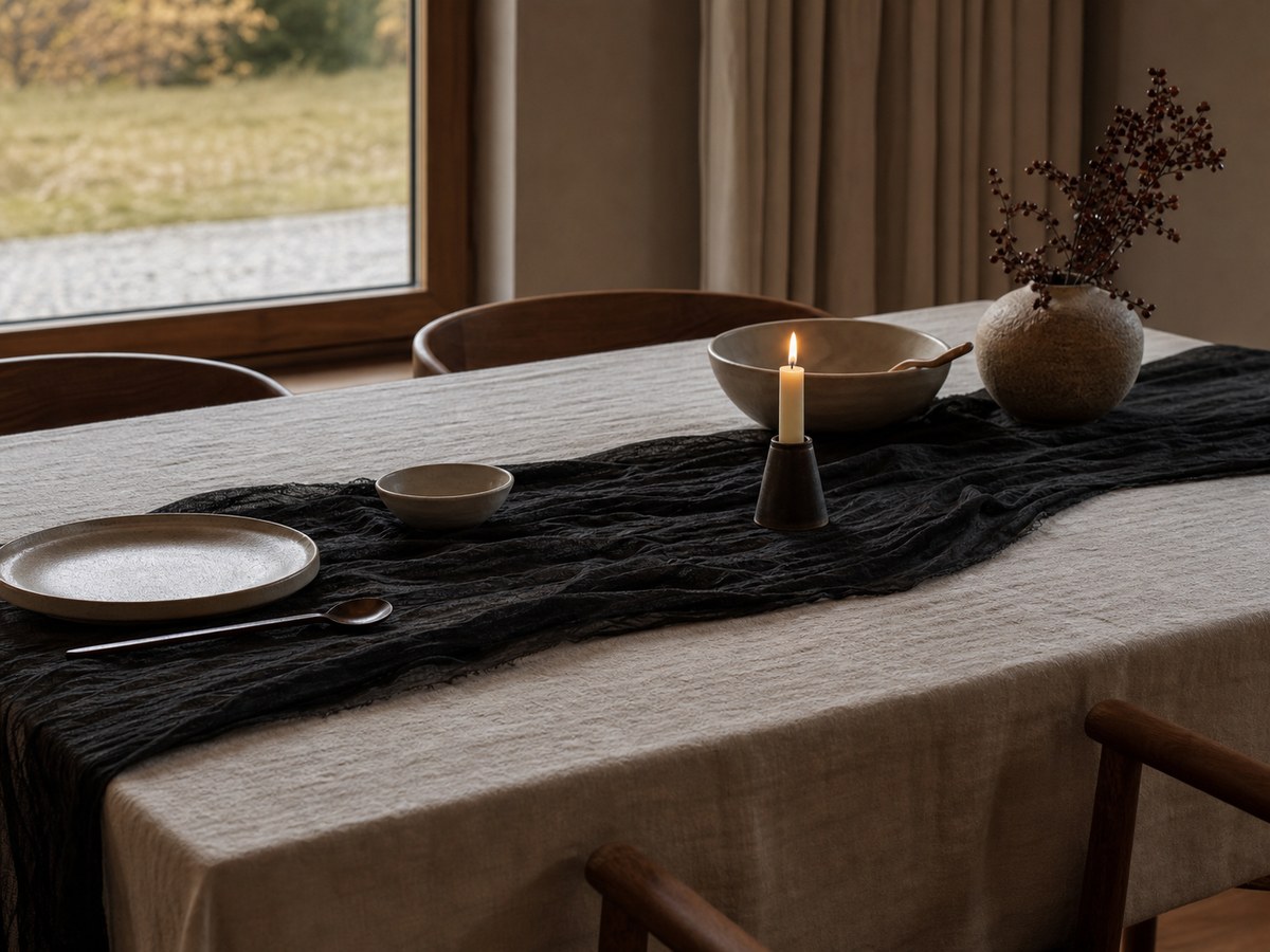 Black gauze runner loosely draped across a linen-covered dining table