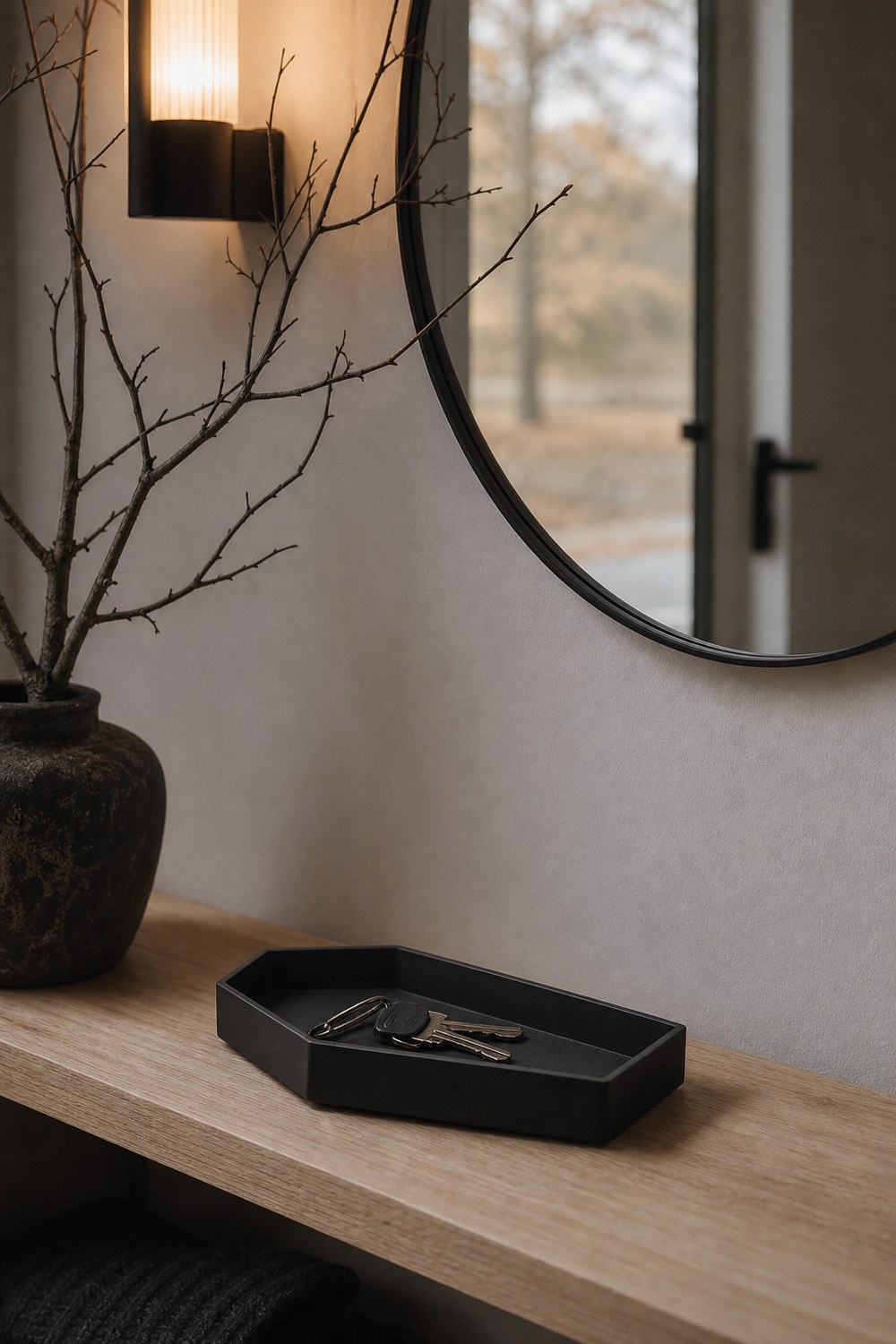 Black coffin-shaped tray holding keys on a pale wood entryway shelf
