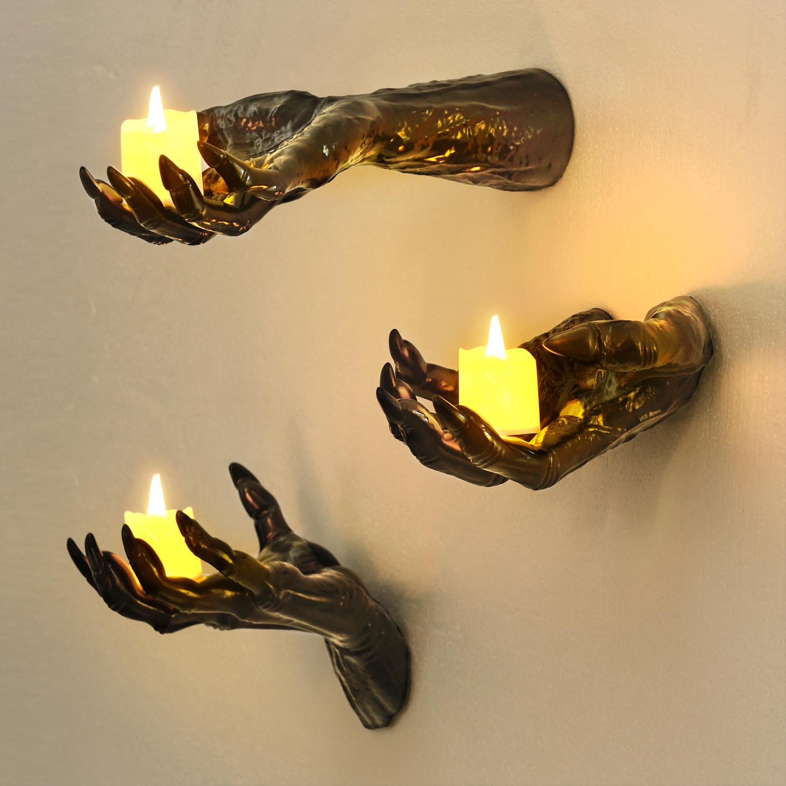 Wall-Mounted Reaching-Hand Candleholders, Set of Three