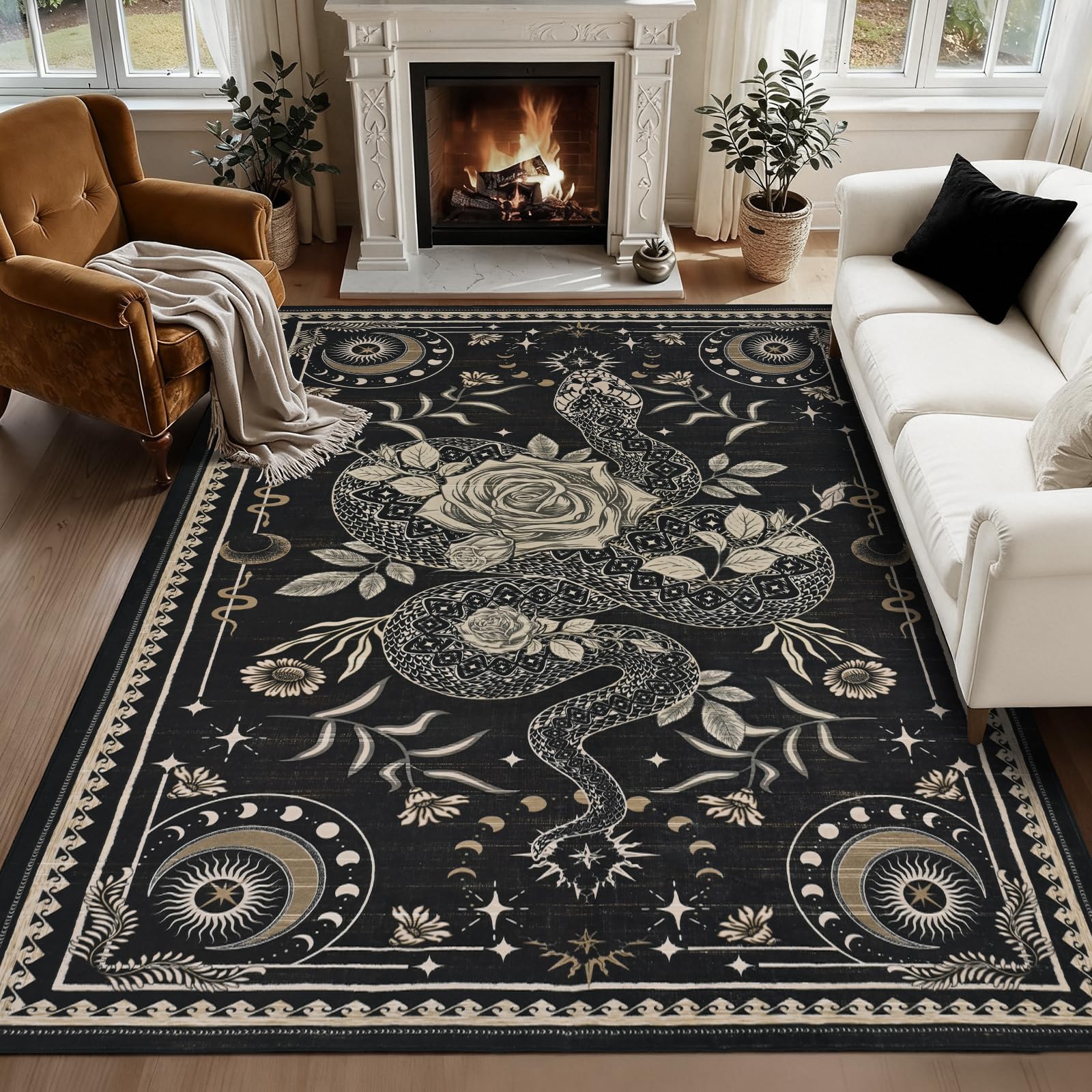 Black Snake-Pattern Washable Area Rug