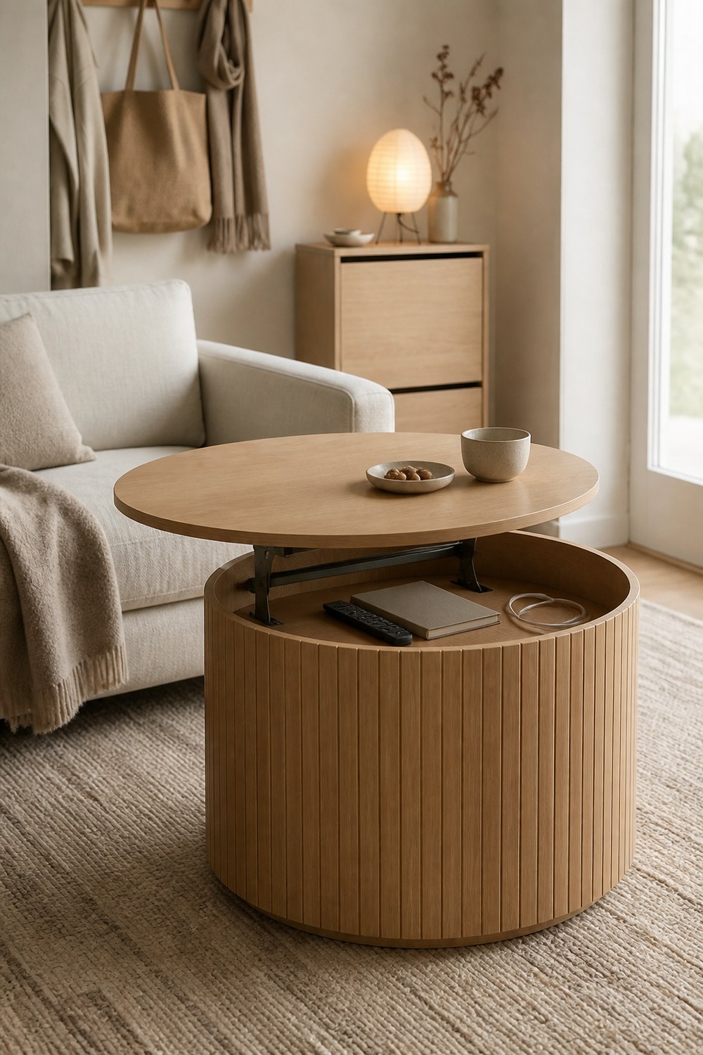 A round fluted oak coffee table with its concealed storage compartment open in a small living room
