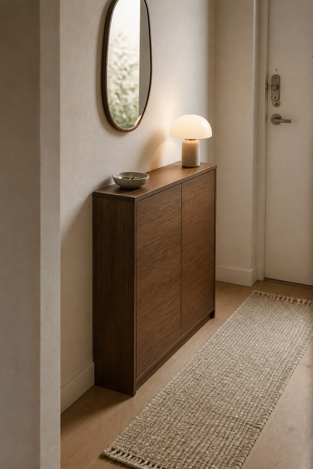 A slim closed walnut shoe cabinet in a narrow apartment entryway
