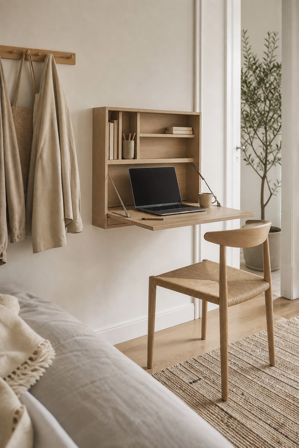 A wall-mounted fold-down oak desk open as a calm laptop workspace in a small apartment