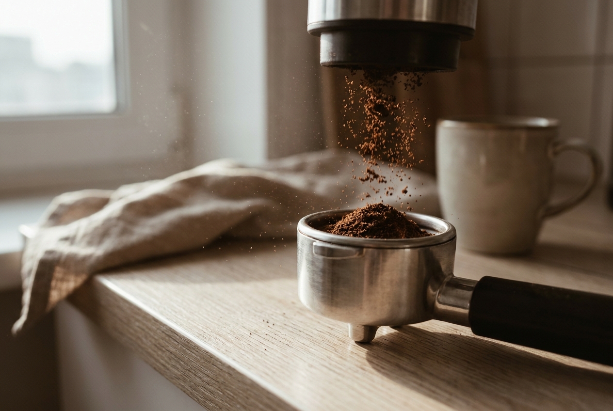 Freshly ground coffee falling into a stainless portafilter basket on a pale oak counter