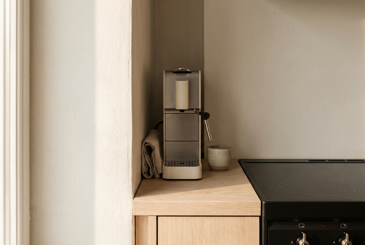 A slim espresso machine filling a narrow strip of counter between a plaster wall and a stovetop