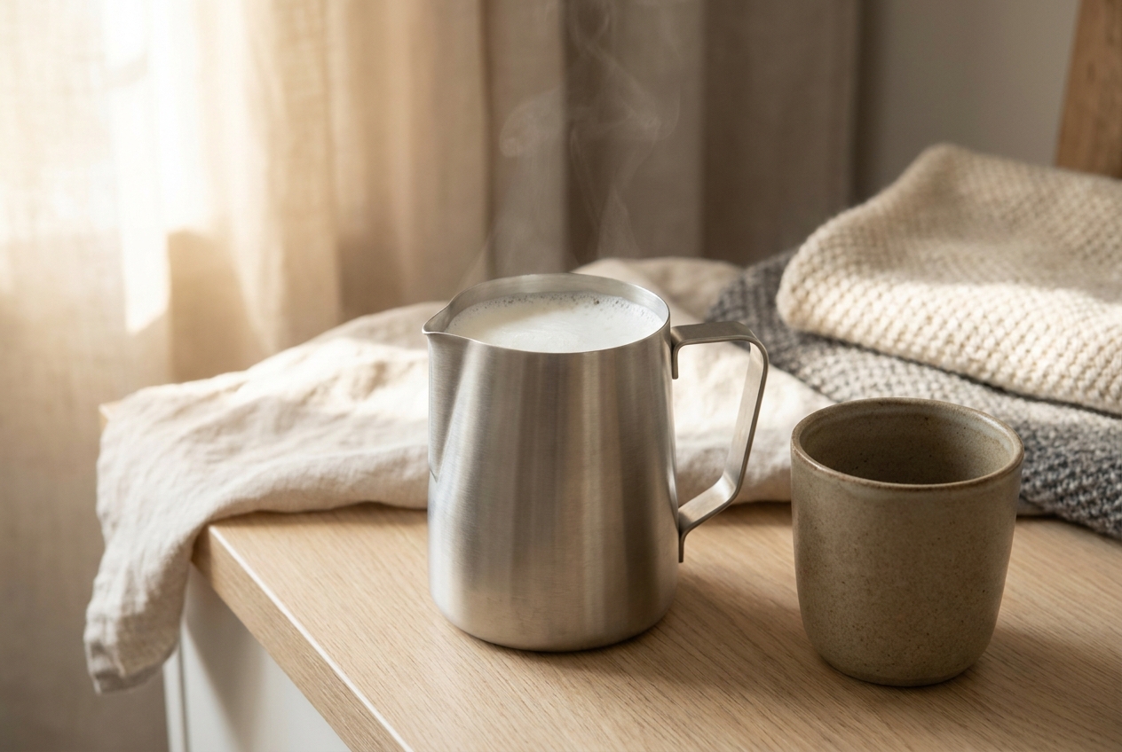 A plain stainless milk jug and a single stoneware cup on a pale oak counter