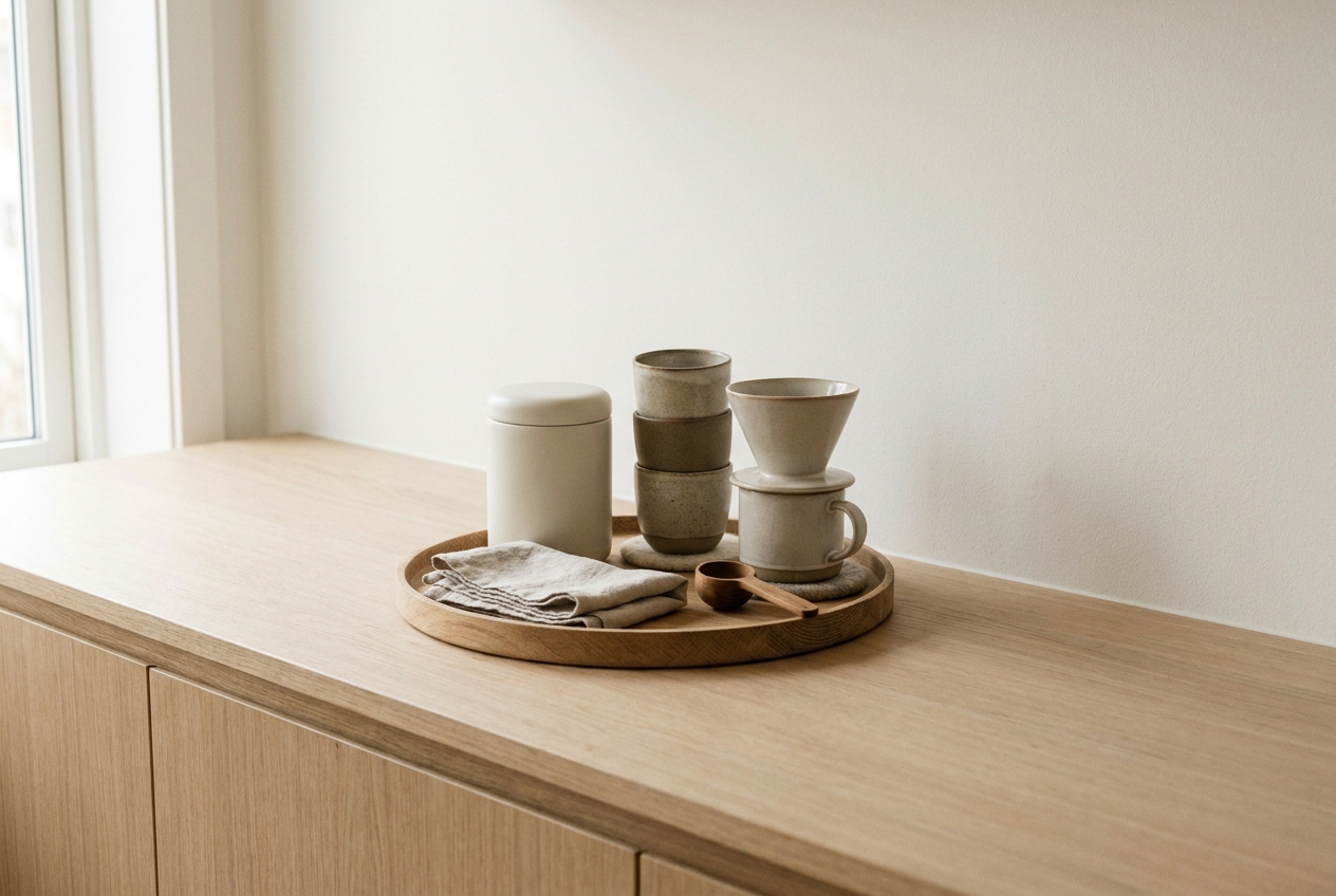 A small coffee station grouped on a wooden tray with clear counter on both sides
