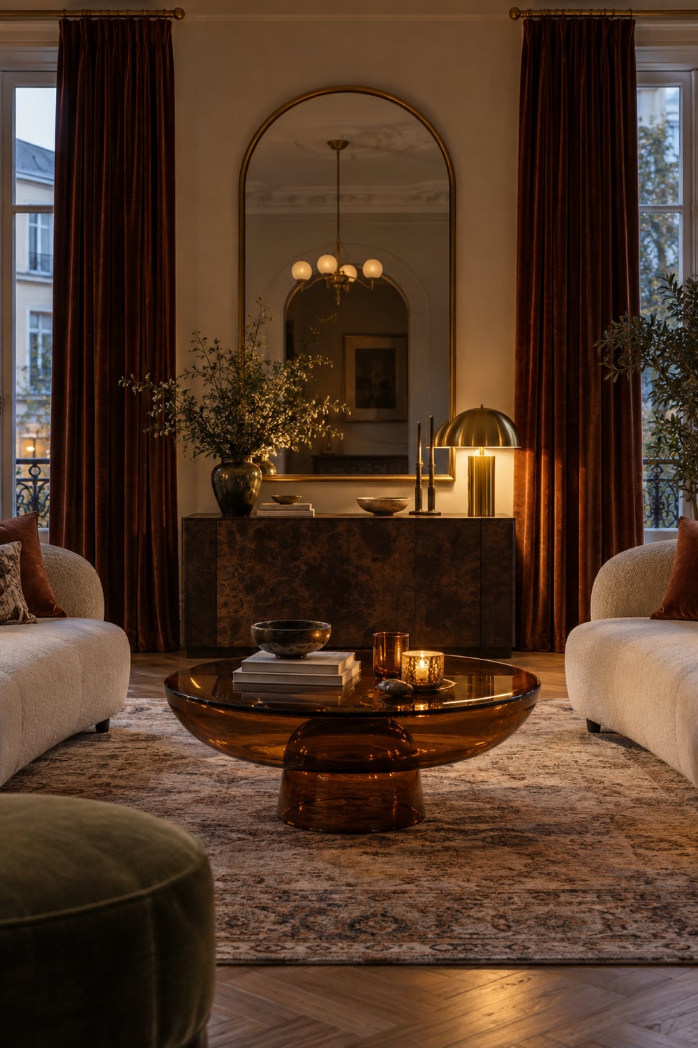 Art Deco-inspired living room with an arched mirror, velvet curtains and an amber glass table