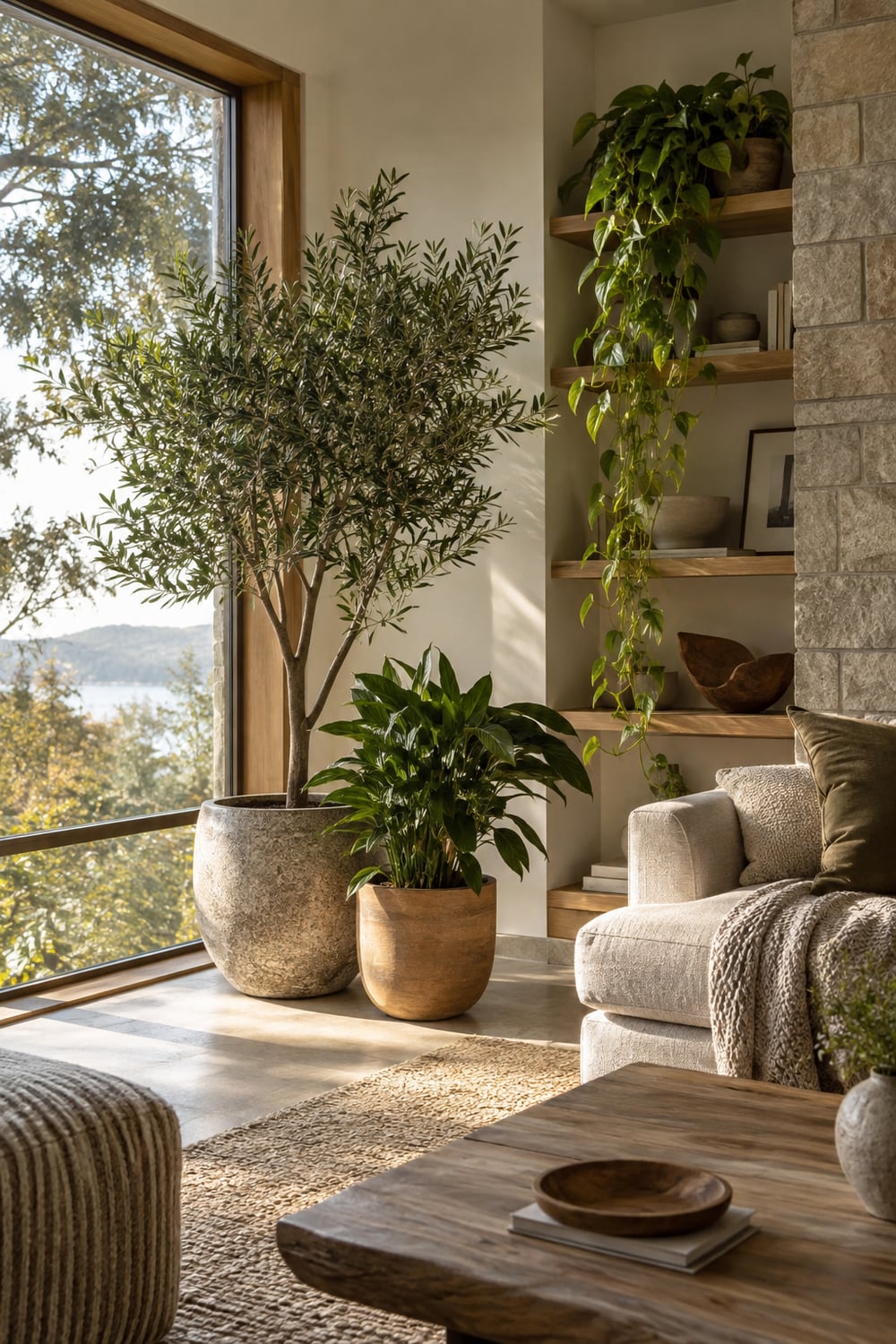 Biophilic living room with plants at three heights beside a large window, wood and stone surfaces