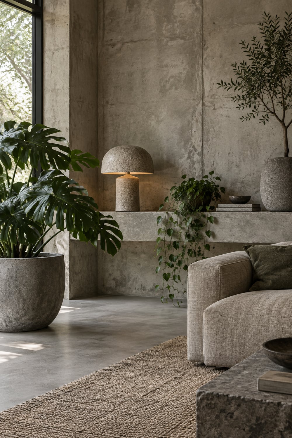 Brutalist biophilic room with a concrete wall, a stone lamp and large-leafed plants in heavy gray planters