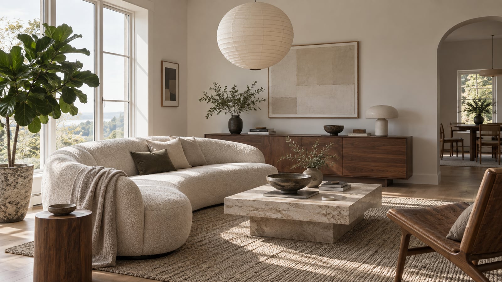 Light-filled living room with an oatmeal sofa, low walnut furniture, a paper pendant and a leafy plant