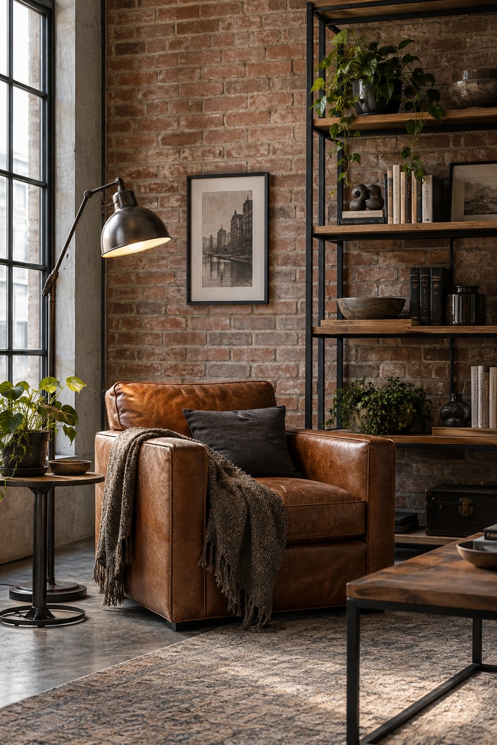 Industrial loft corner with exposed brick, black steel shelving and a metal lamp