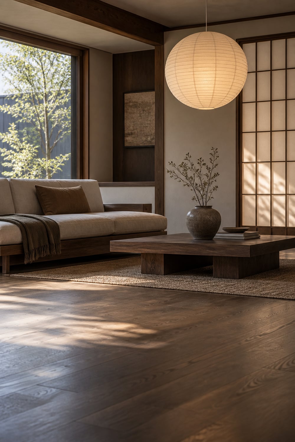 Low Japandi living room with walnut furniture, a paper lantern and a shoji-style screen