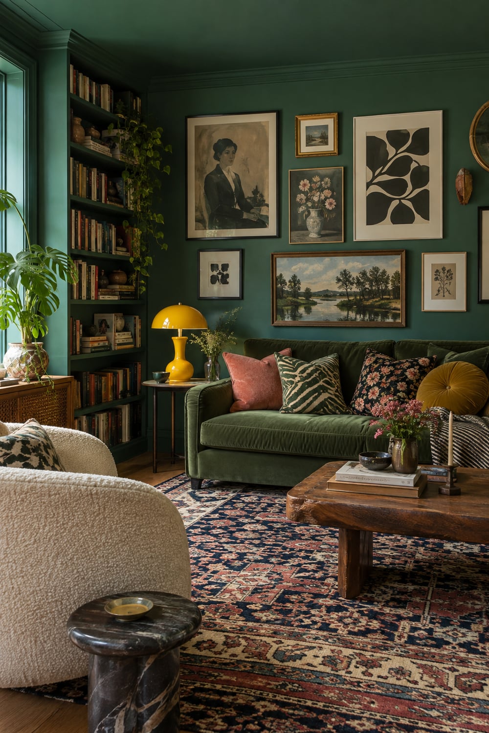 Maximalist living room with a color-drenched wall, layered patterns, a gallery wall and a yellow mushroom lamp