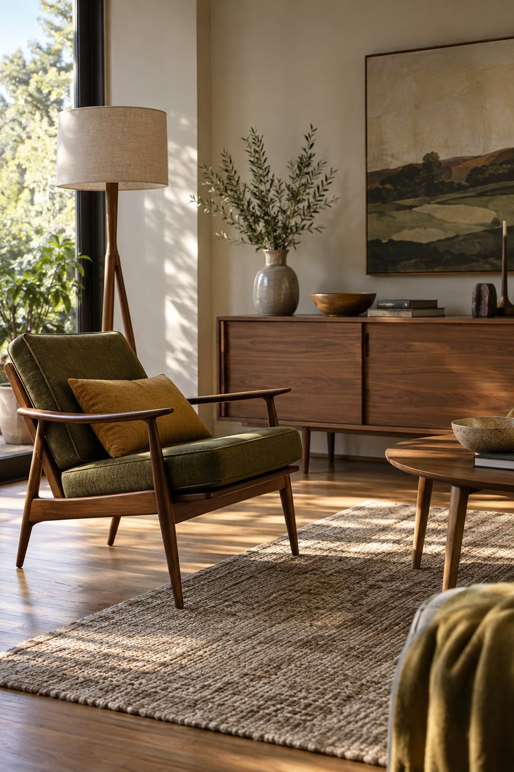 Mid-century living room with a walnut lounge chair, a low sideboard and a wooden floor lamp