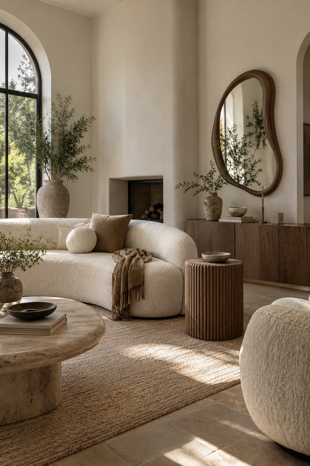 Organic modern living room with a curved sofa, a fluted side table and an irregular walnut mirror