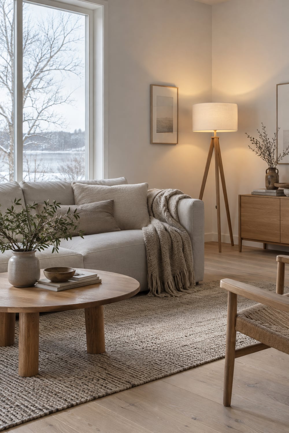 Pale Scandinavian living room with white walls, light oak floor and a wooden tripod floor lamp glowing in the corner