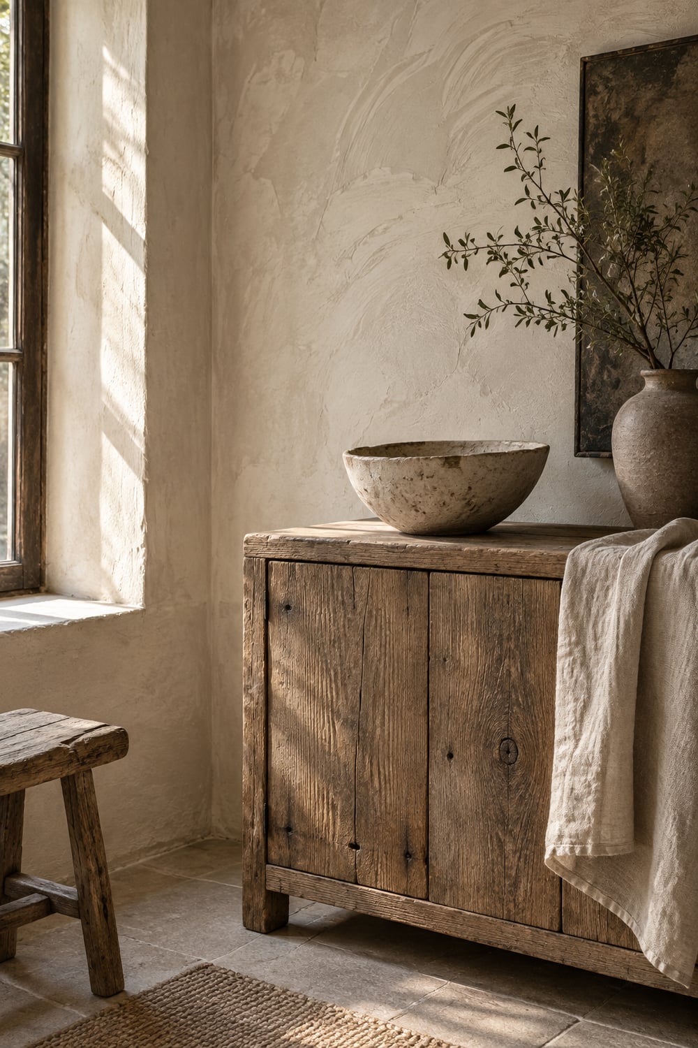 Wabi-sabi corner with a limewashed wall, a rough oak cabinet and a handmade ceramic bowl