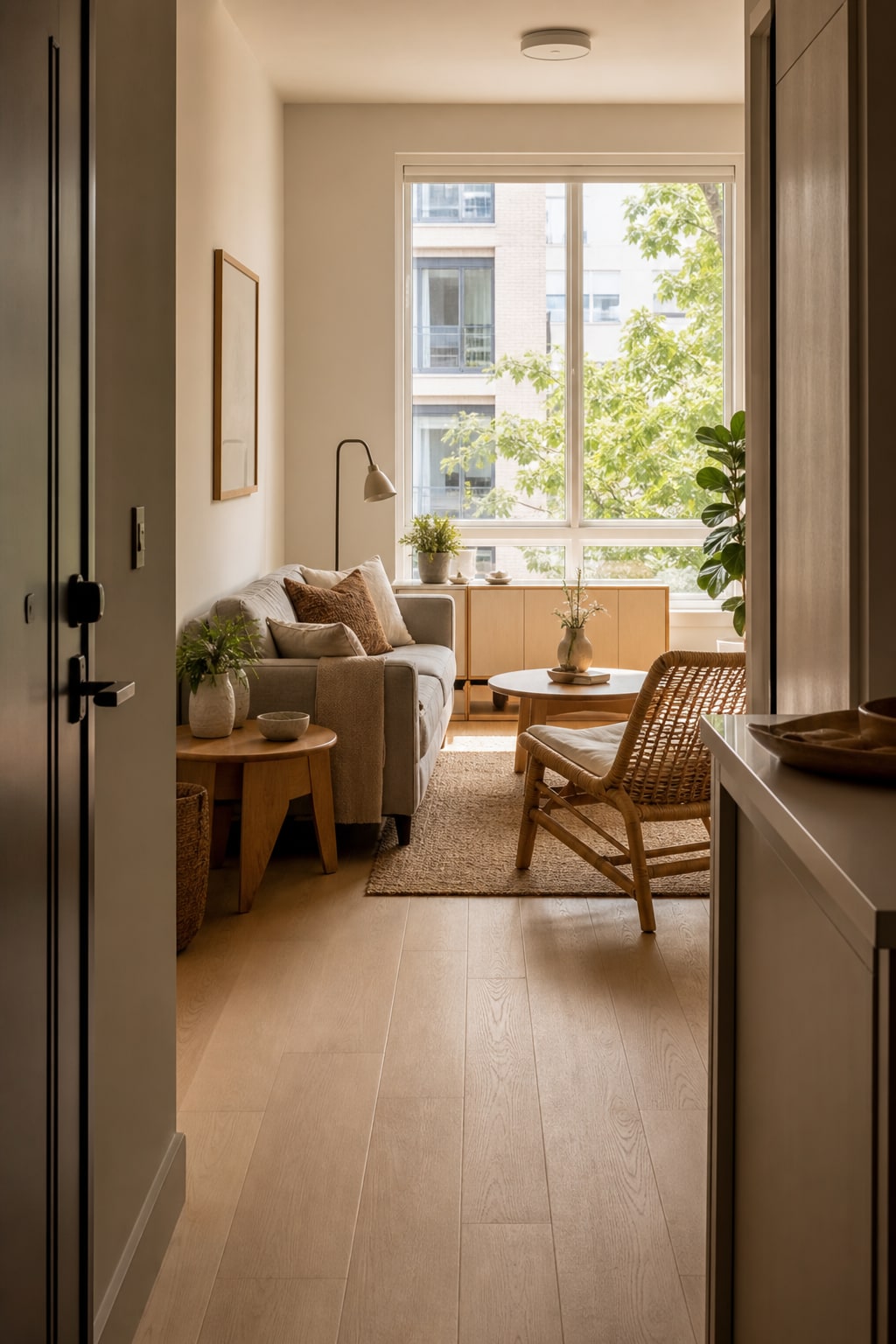 A compact living room with one clear walking route and a low rattan accent chair