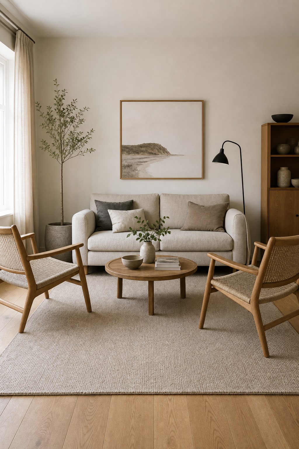 A beige 8-by-10 rug extending beneath the front legs of a compact sofa and chairs