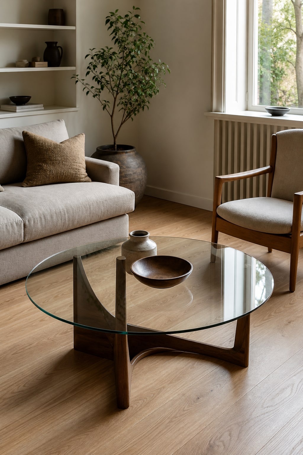 A round glass coffee table with a walnut base in a compact Scandinavian living room