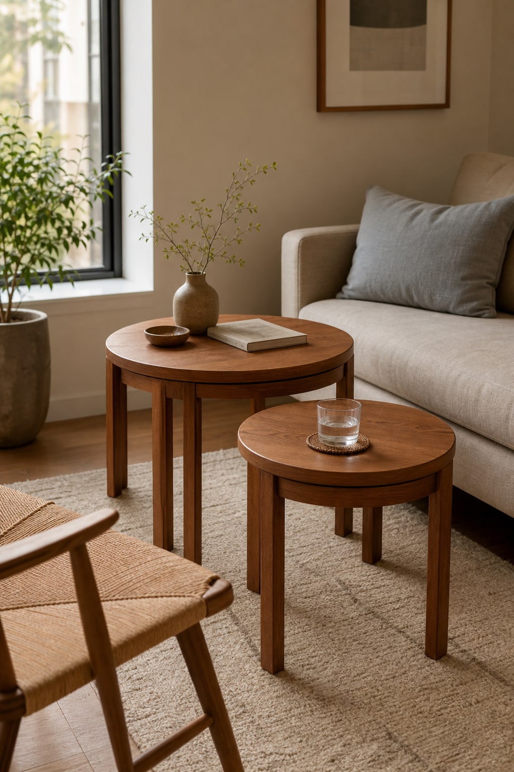 Two nesting tables separated beside a sofa, then stacked into one compact footprint