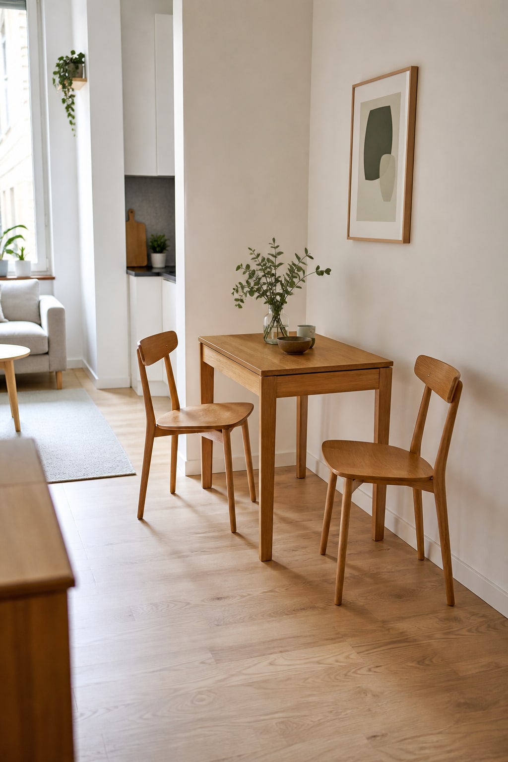 A natural-wood expandable dining table shown compact for two in a small apartment
