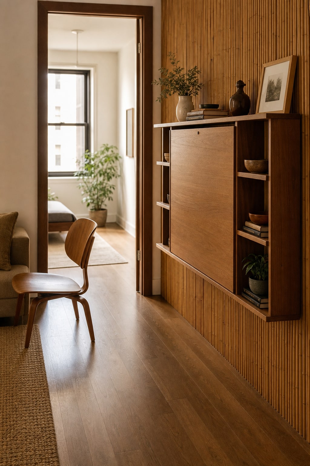 A bamboo folding desk open for work and folded neatly against a wall