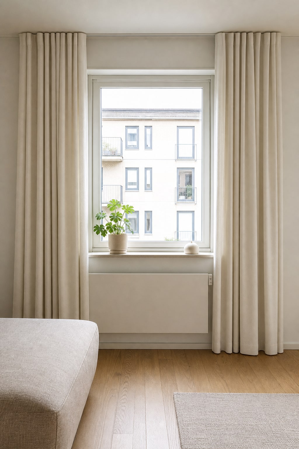 Full-length warm-white curtains hung close to the ceiling and wider than a small window