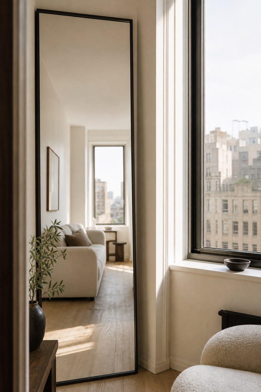 A tall mirror positioned perpendicular to a window and reflecting a clear view through the apartment