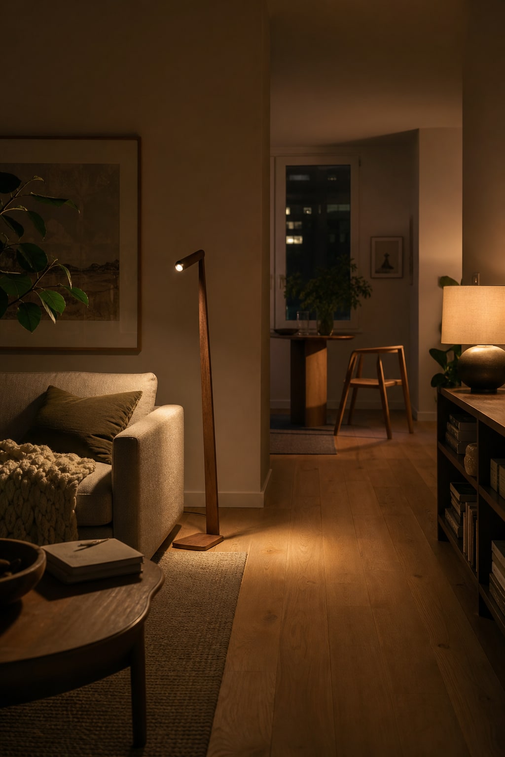 A compact evening living room lit by a slim walnut floor lamp beside the sofa