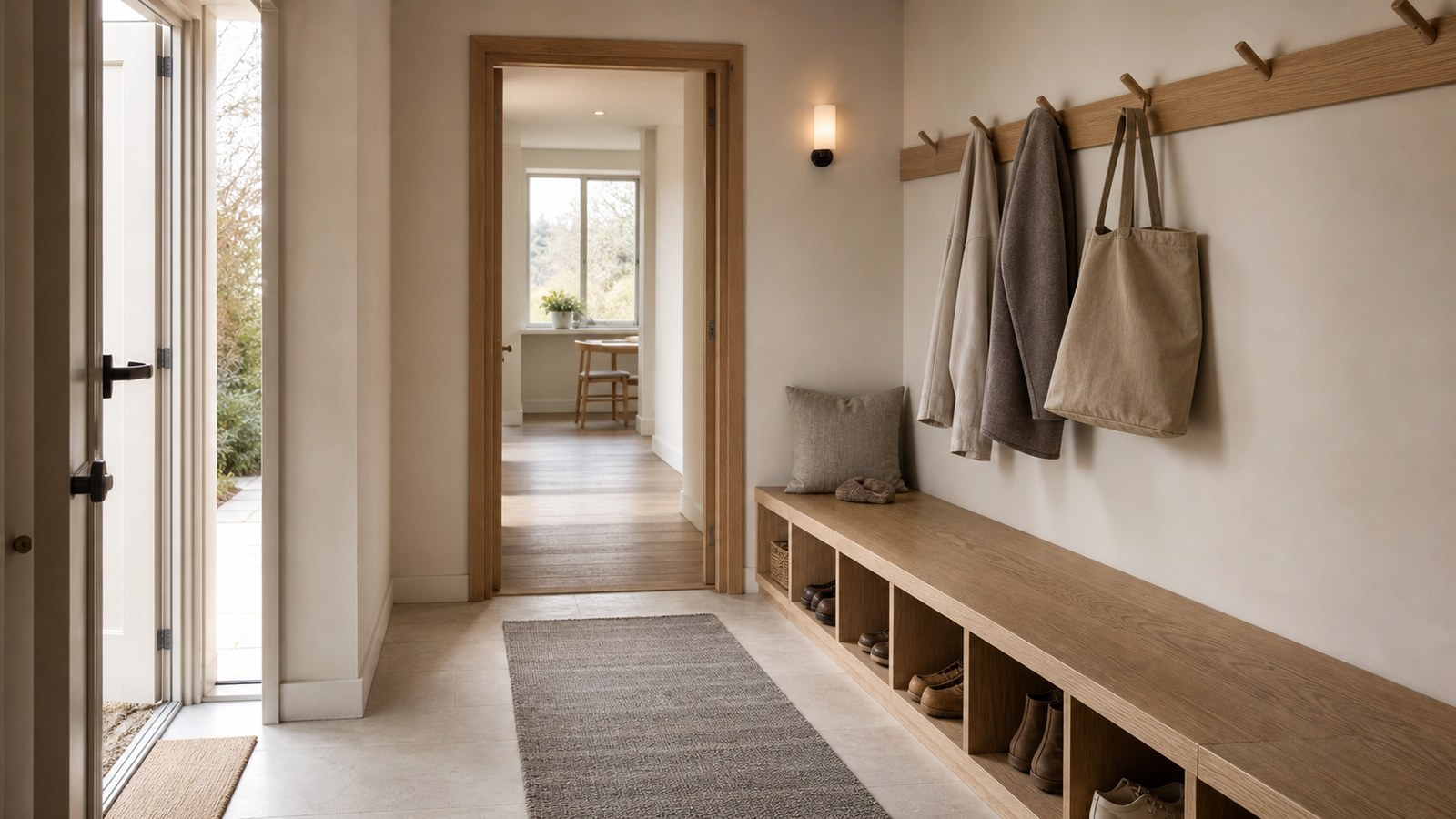 A pale-oak mudroom bench and peg rail beside a clear path from the door