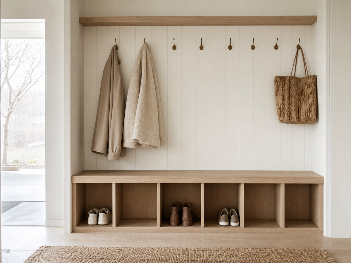 Warm white mudroom with a HOOBRO hall tree, bench, hooks and neatly arranged shoe cubbies