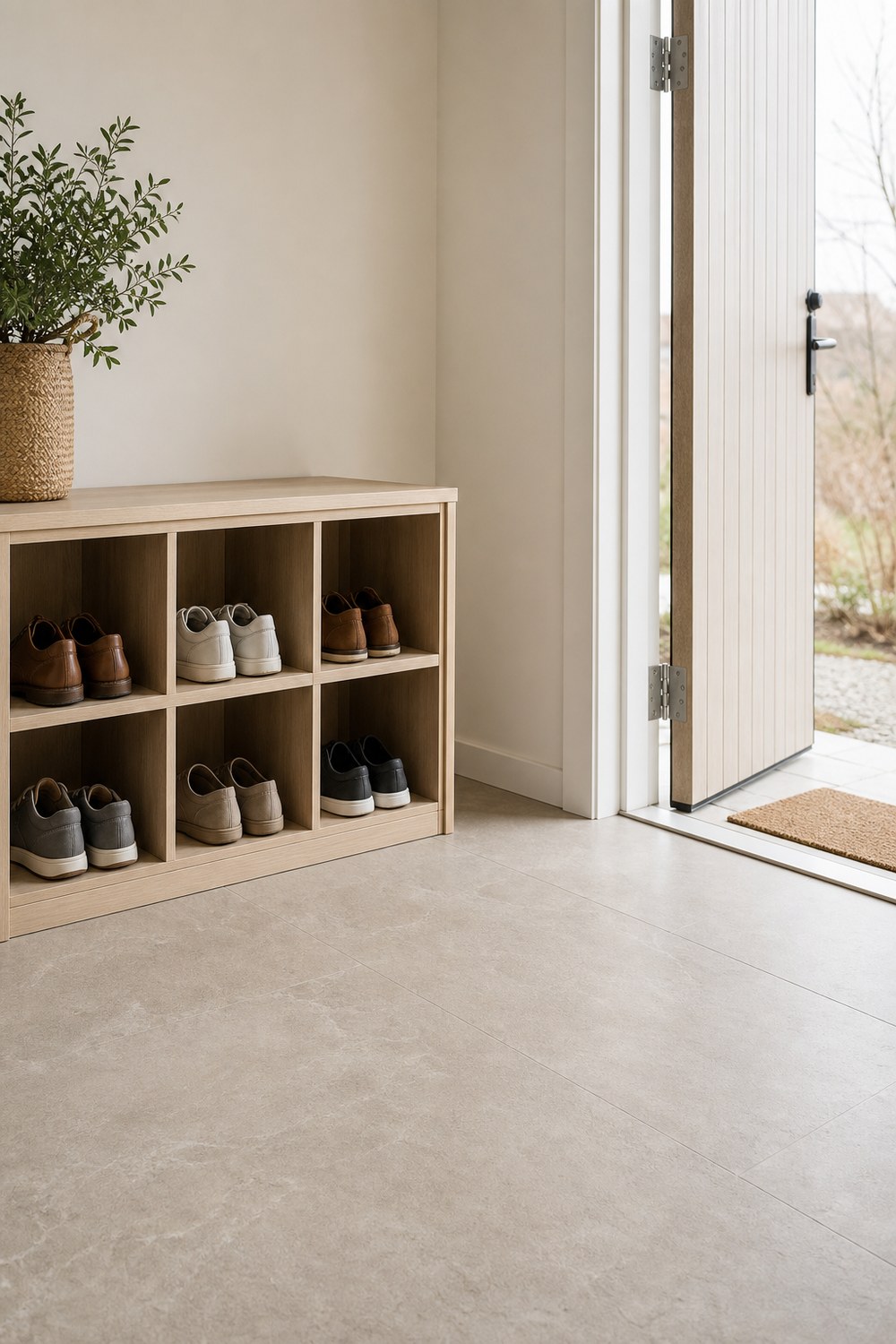 Vertical view of open shoe cubbies beside a mudroom door with everyday pairs separated and the walkway clear