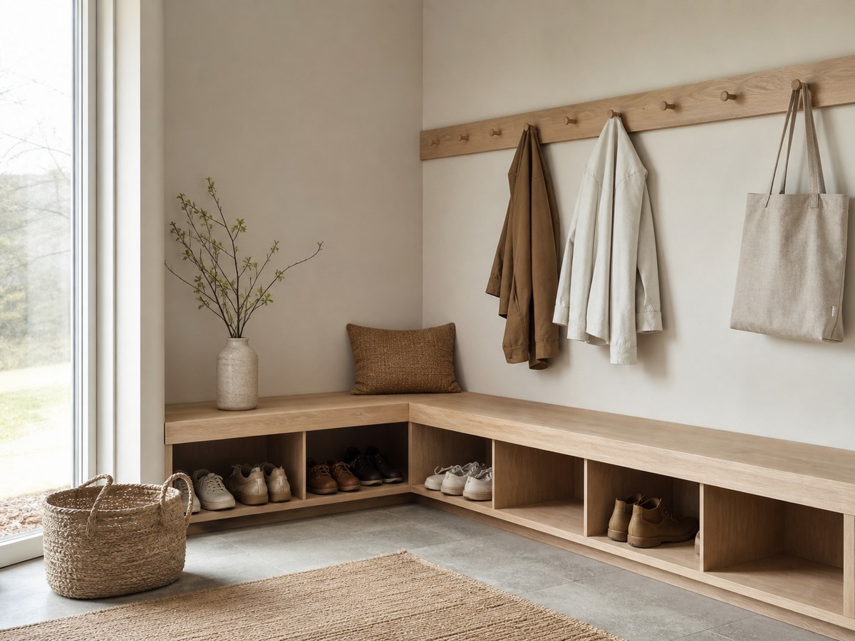 Calm corner mudroom with an L-shaped bench, shoe storage and hooks following both walls