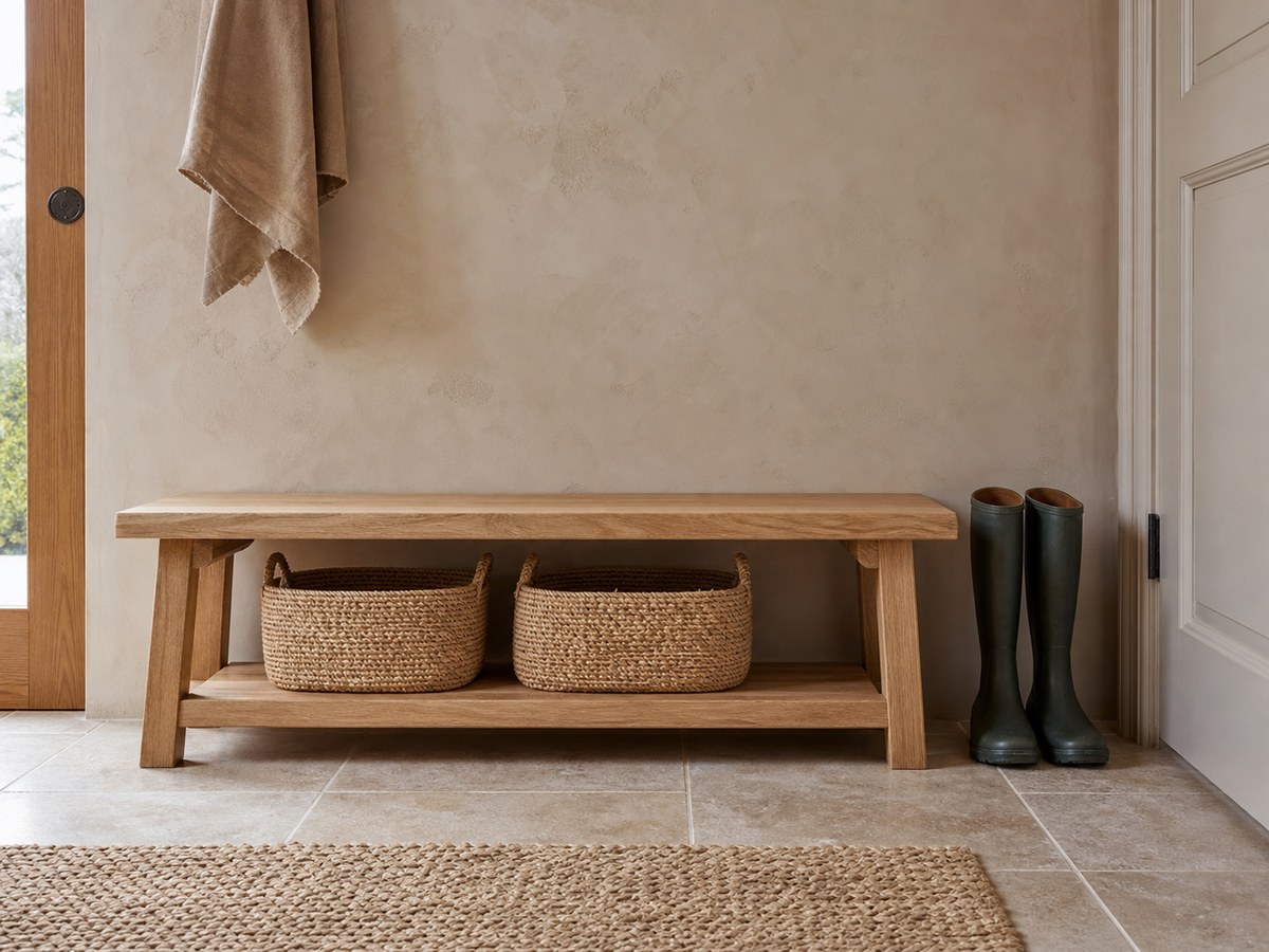 Solid wood bench in a restrained mudroom with baskets below and one pair of boots beside it