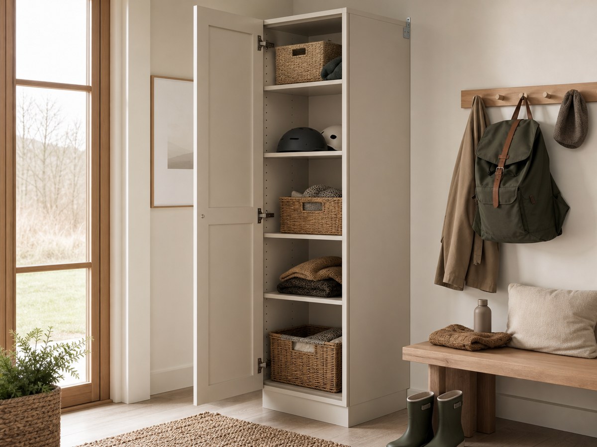 Tall pale storage cabinet in a mudroom with open doors showing tidy adjustable shelves and labelled baskets