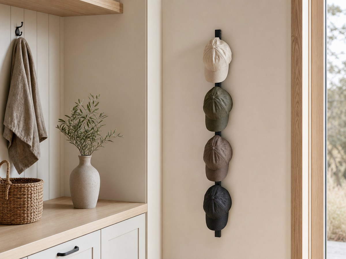 Slim black wall-mounted hat organizer holding caps vertically beside a mudroom cabinet
