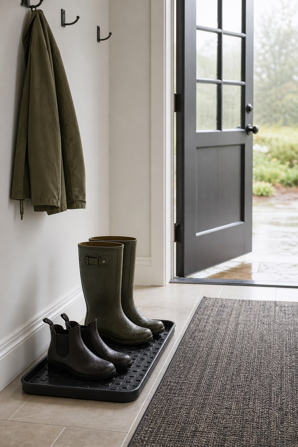 Rubber boot tray with wet boots near the mudroom door, separated from dry shoes and raised slightly for airflow