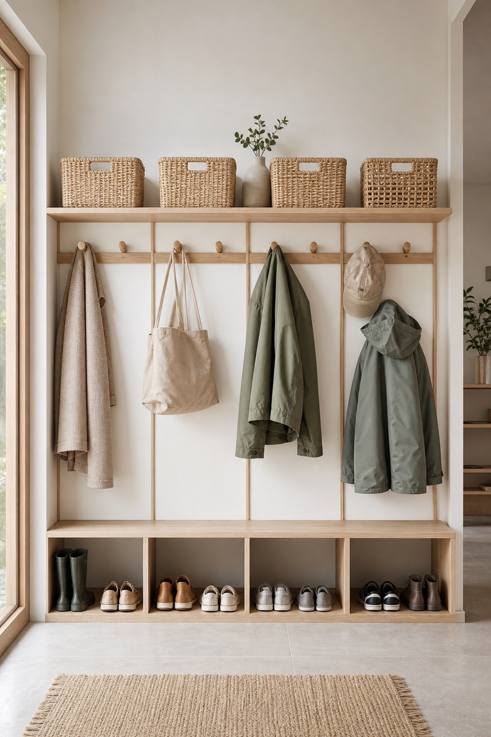 Family mudroom wall with separate hooks and cubbies assigned to each person using discreet wooden labels