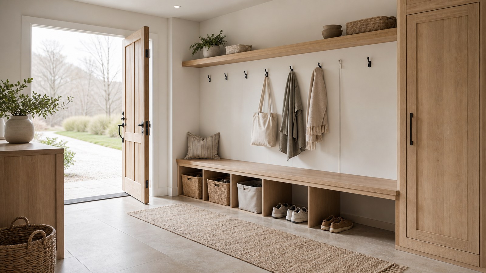 Uncluttered mudroom with a clear path from door to interior, storage kept to one side and a narrow washable runner