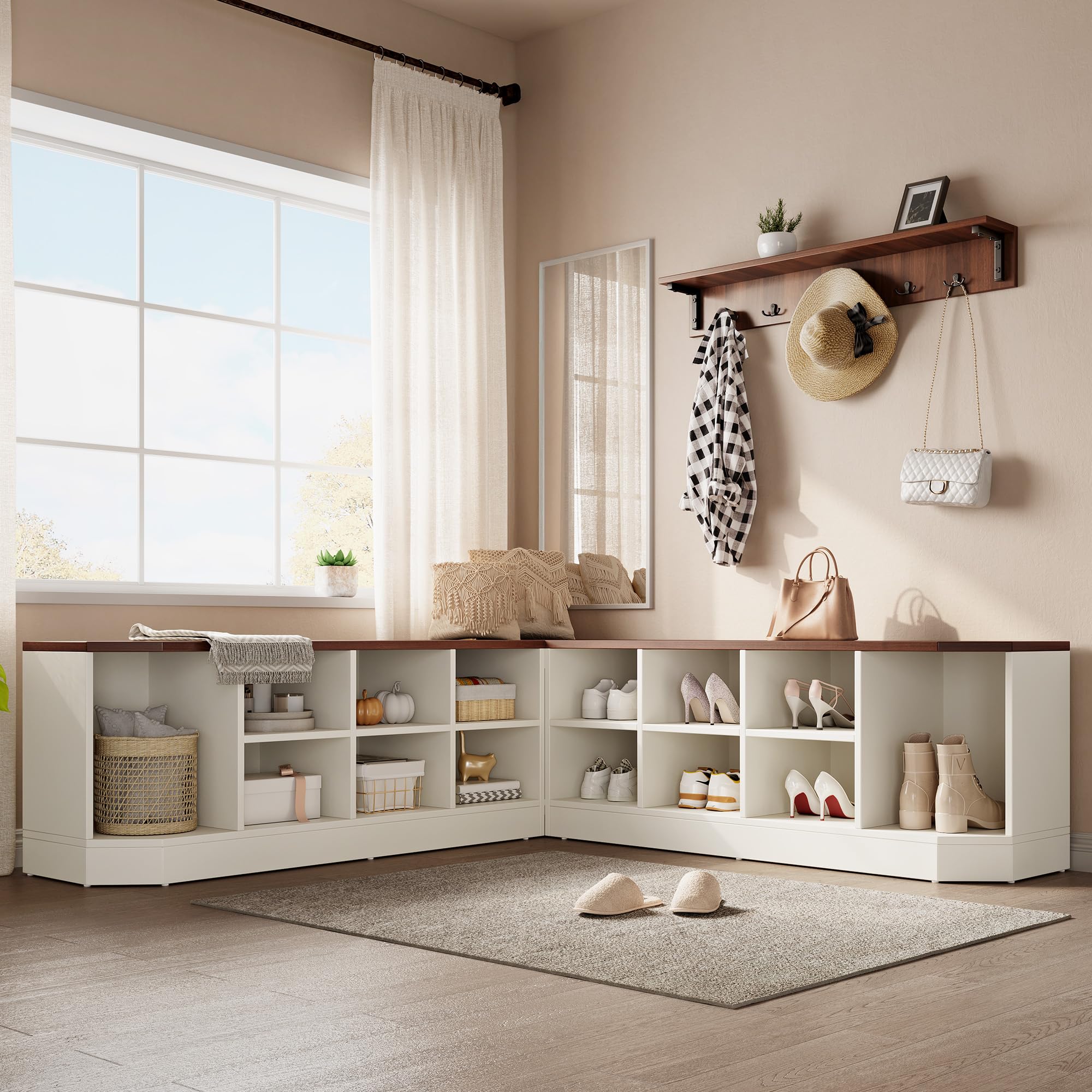 L-Shaped Shoe Bench with Hooks
