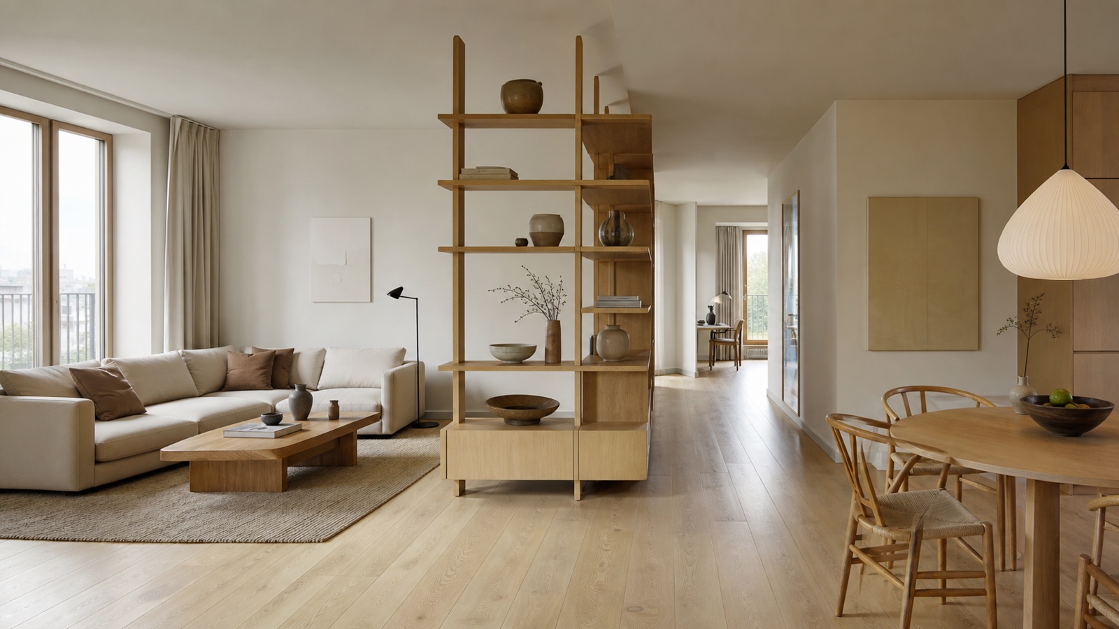 An open oak shelving divider separating living and dining zones while preserving daylight