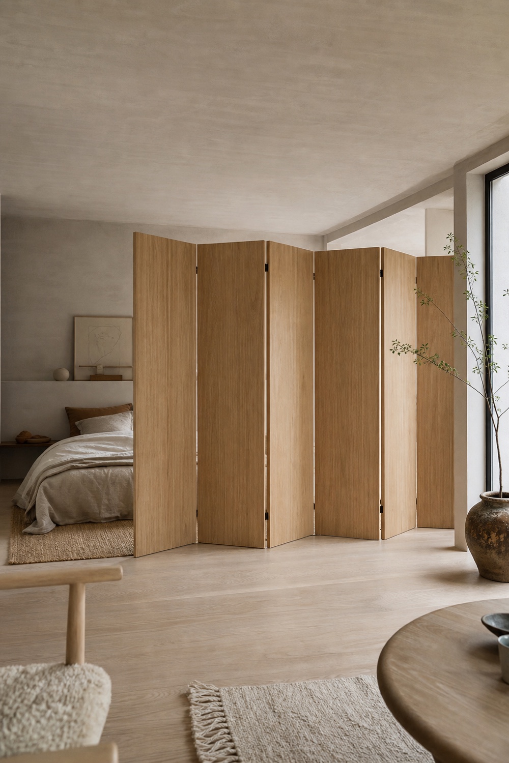 A natural wood folding screen creating a bedroom zone while leaving a clear walkway