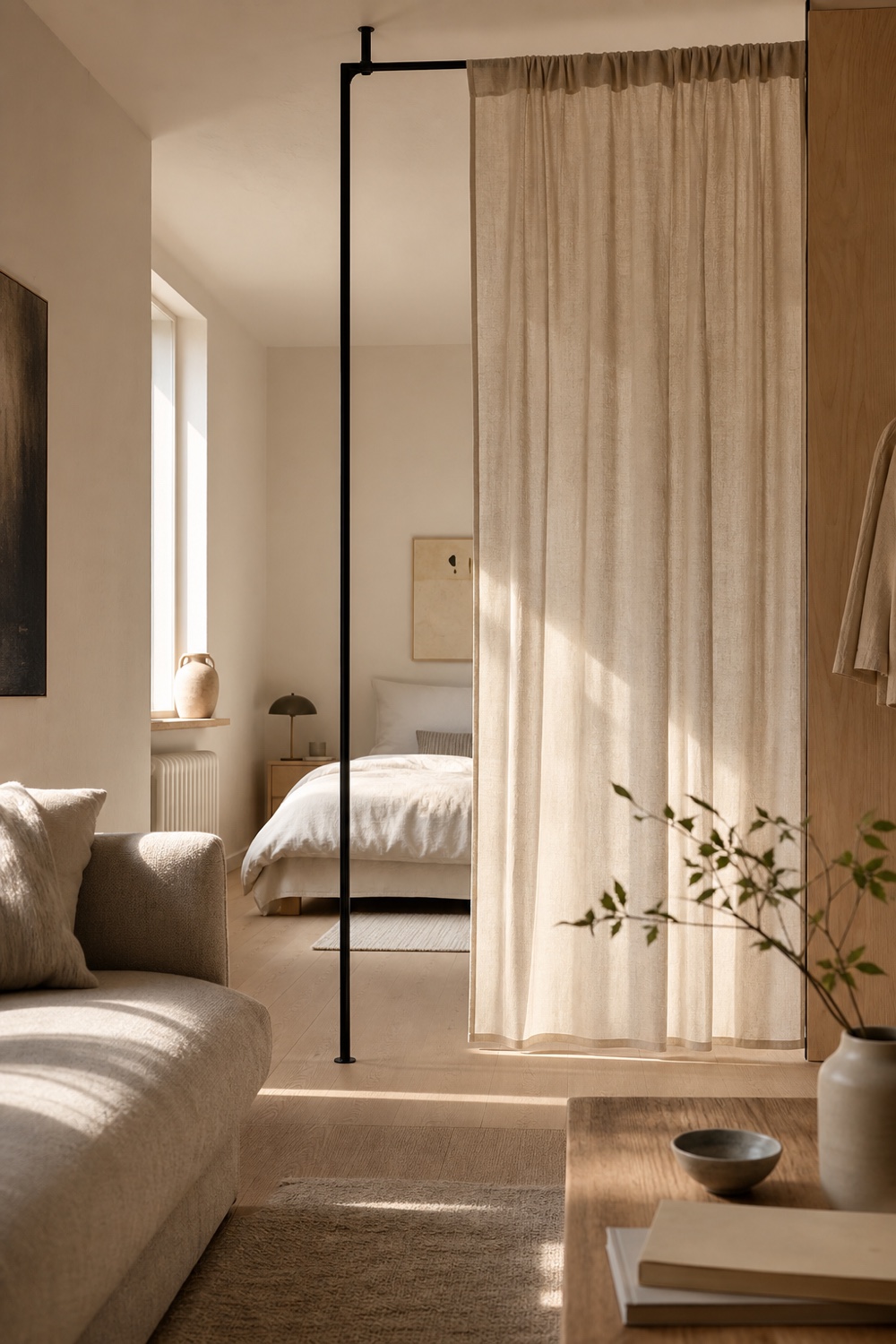 An ivory curtain on a floor-to-ceiling tension frame separating a sleeping area