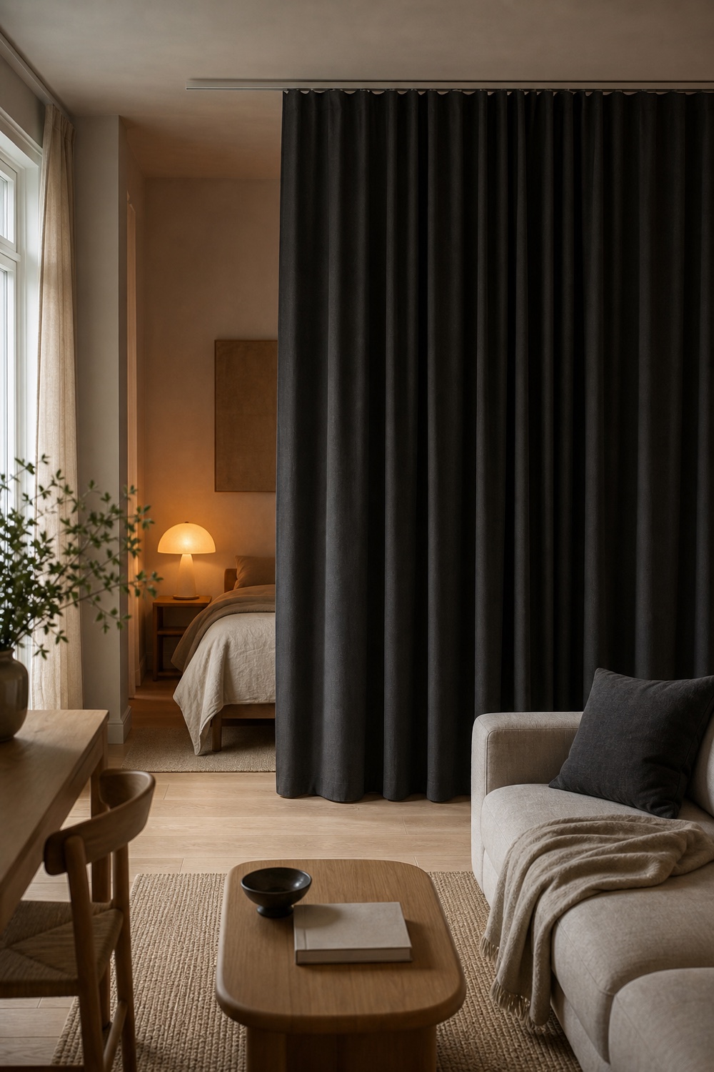 An opaque dark curtain enclosing a compact sleeping zone
